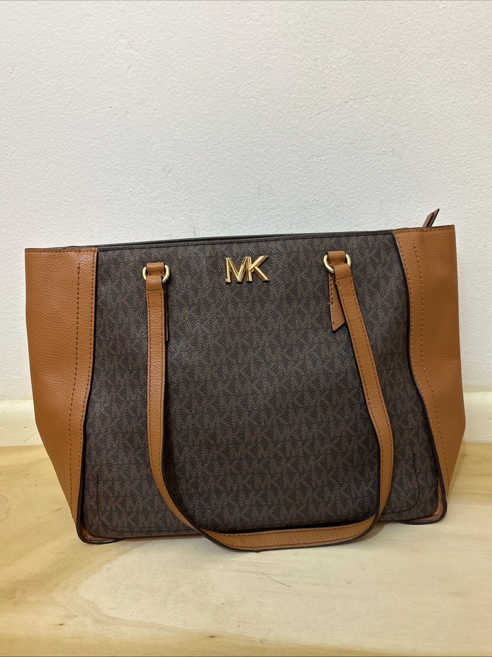 Michael Kors Brown and Tan MK Monogram Tote